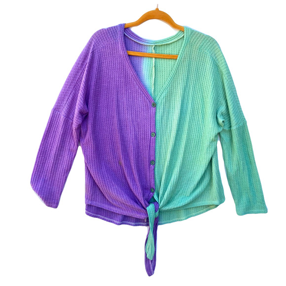 Purple to Green Vertical Ombre ReDyed Knit Front Tie Sweater - Picture 1 of 2